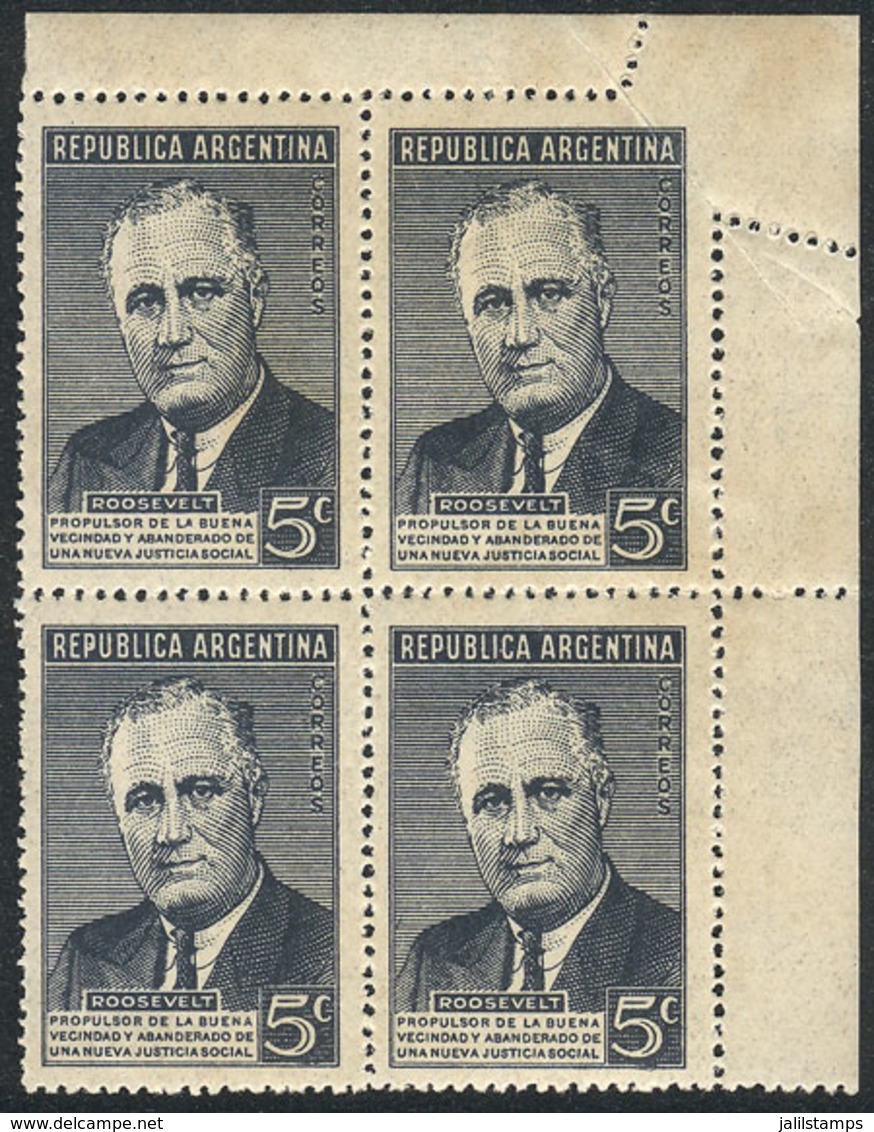 ARGENTINA: GJ.927, 1946 Roosevelt, Corner Block Of 4 With PERFORATION PARTIALLY MISSING Variety In Corner, VF! - Autres & Non Classés
