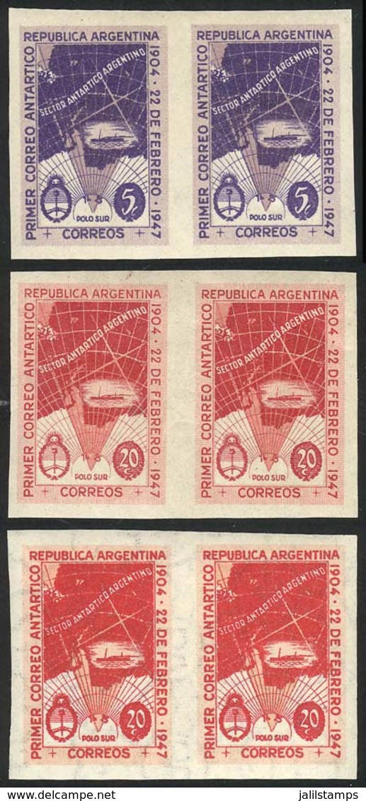 ARGENTINA: GJ.943P + 944P + 945P, 1947 First Antarctic Mail, Complete Set Of 3 IMPERFORATE PAIRS (5c. Unwatermarked + 20 - Other & Unclassified