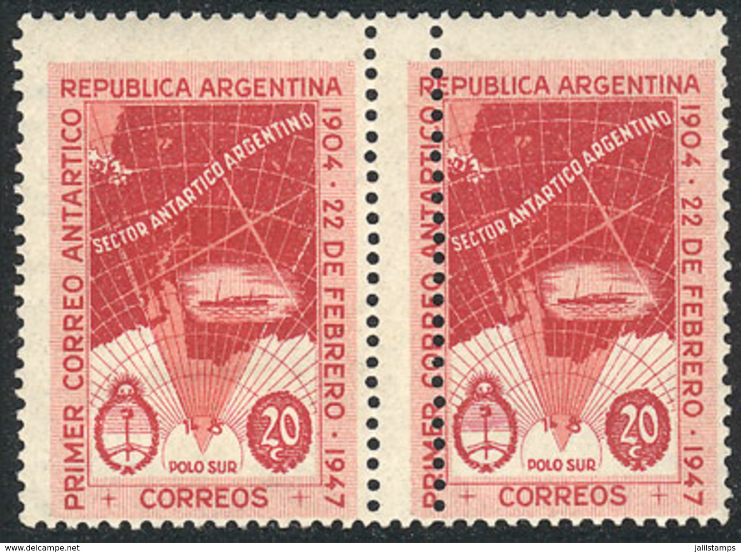 ARGENTINA: GJ.944, 1947 Map Of Antarctica, Pair With DOUBLE Vertical Perforation Variety, Very Nice And Rare Variety! - Autres & Non Classés