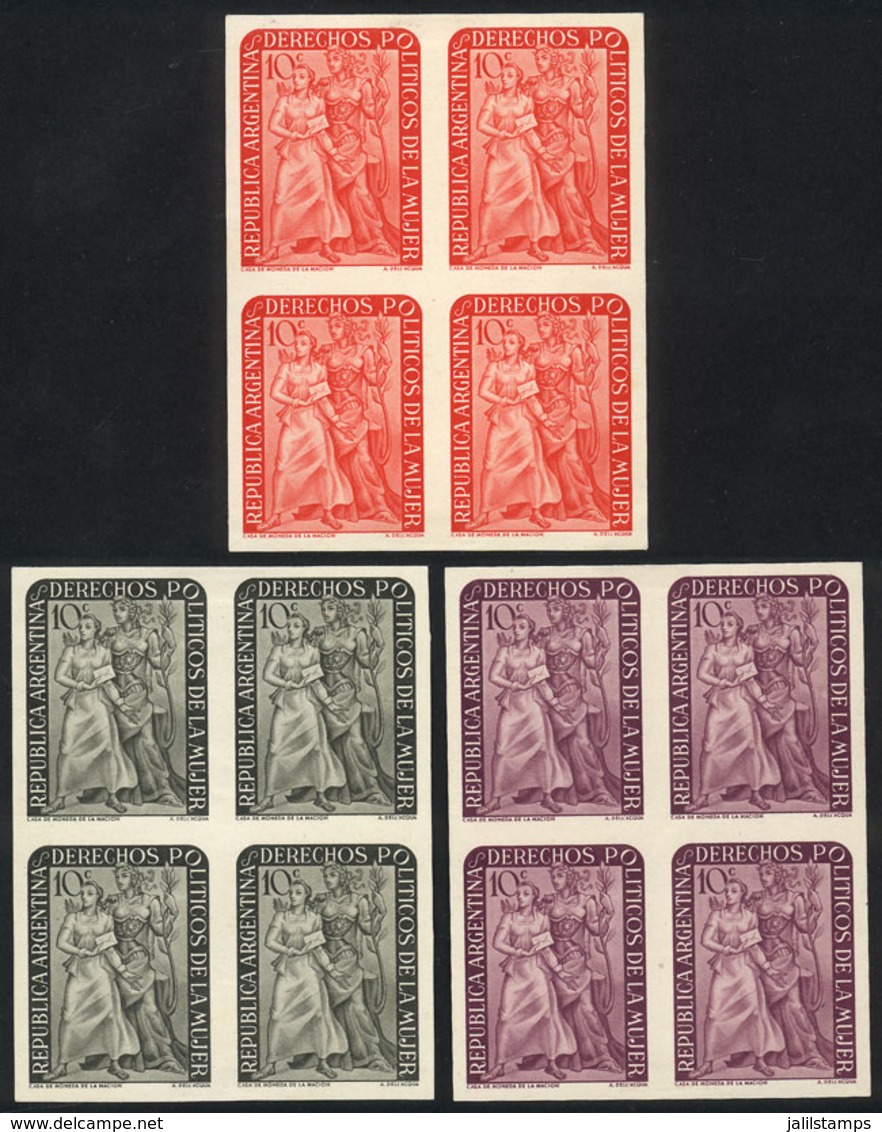 ARGENTINA: GJ.1001, 1951 Women's Political Rights, Trial Color PROOFS In Blocks Of 4, 3 Different Colors, VF Quality! - Sonstige & Ohne Zuordnung