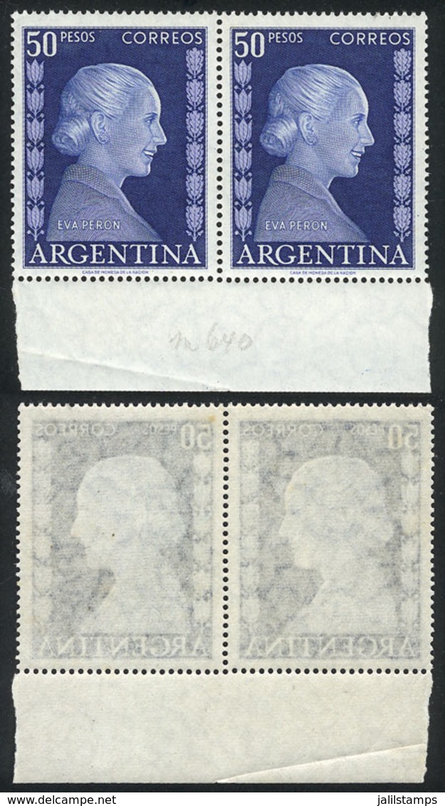 ARGENTINA: GJ.1022, Eva Perón 50P., Marginal Pair, Printed On SEMI-TRANSPARENT OILY PAPER, Very Interesting! - Sonstige & Ohne Zuordnung