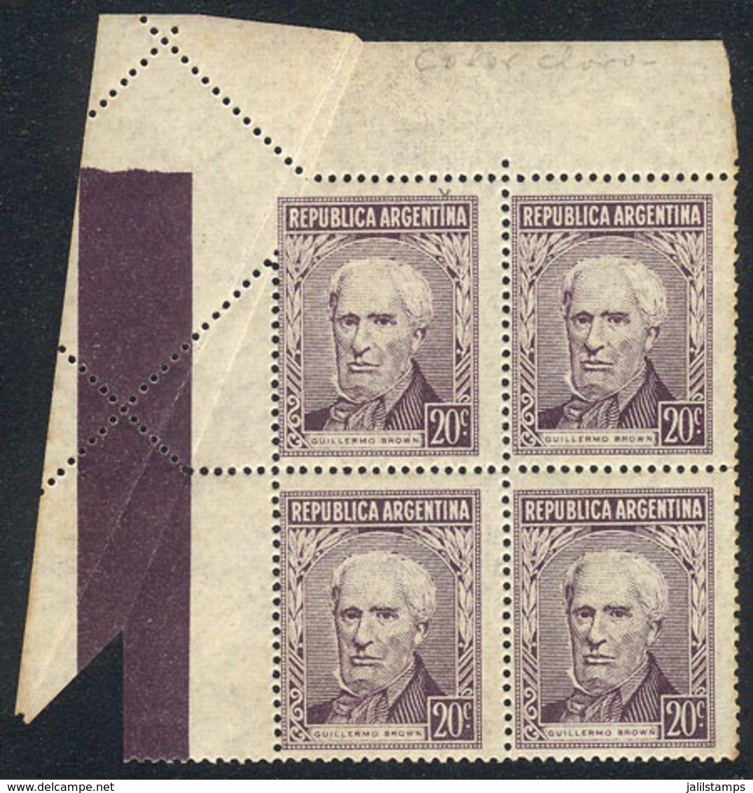 ARGENTINA: GJ.1036, 20c. Brown, Corner Block Of 4 With Fantastic Perforation Variety, Very Nice! - Other & Unclassified