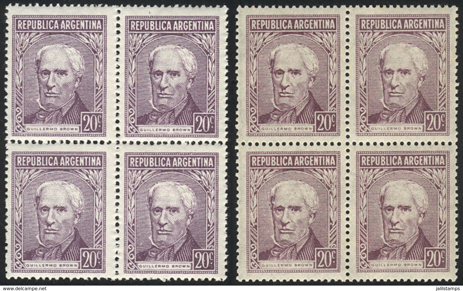 ARGENTINA: GJ.1037d, 20c. Brown Type B, National Unsurfaced Paper With Ribbed Gum, 2 Blocks Of 4, VERY DIFFERENT PRINTIN - Autres & Non Classés