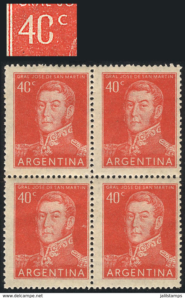 ARGENTINA: GJ.1040, 40c. San Martín, Block Of 4, One With "4Cc" Variety, VF Quality!" - Other & Unclassified