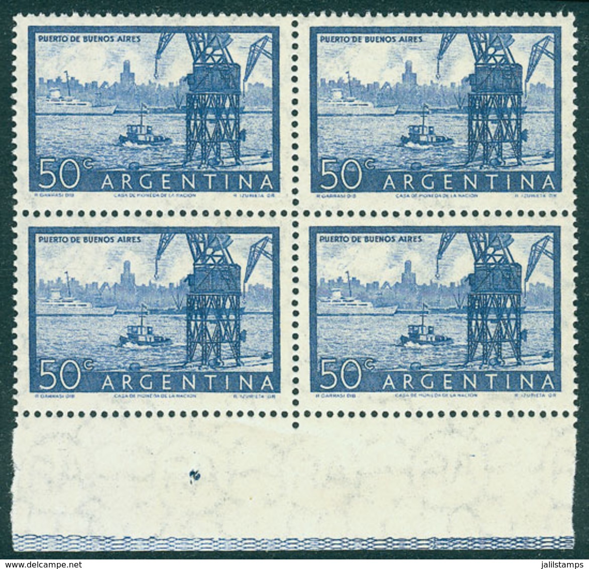 ARGENTINA: GJ.1042A, 50c. Port Of Buenos Aires, Printed On IMPORTED UNSURFACED PAPER, Marginal Block Of 4, Unmounted And - Sonstige & Ohne Zuordnung