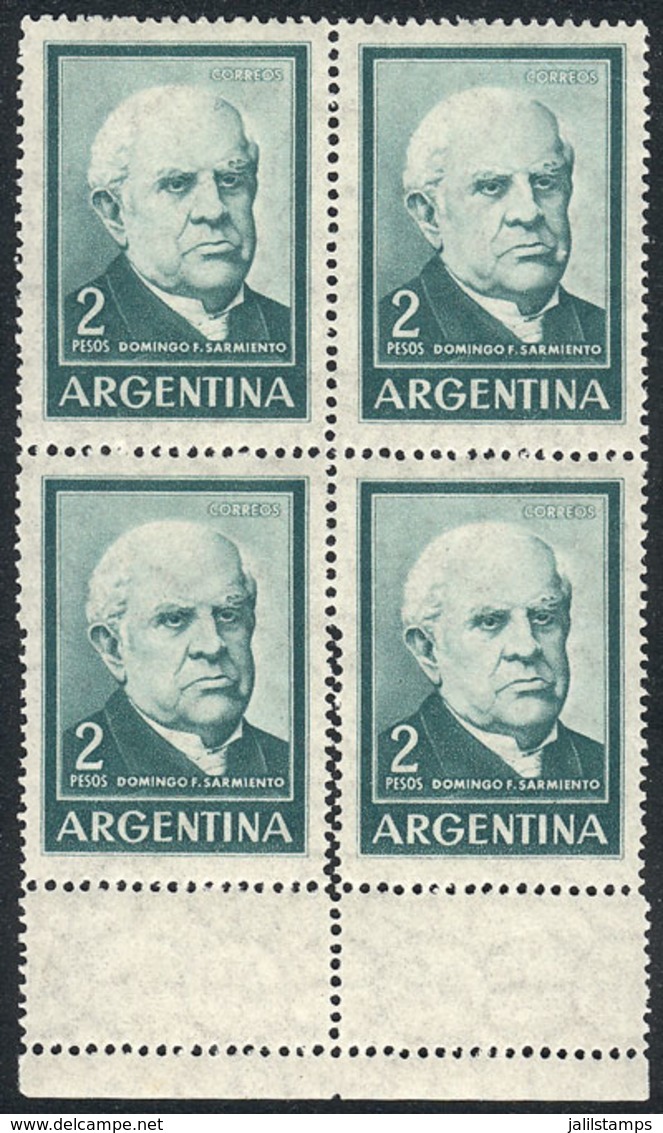 ARGENTINA: GJ.1135, 2P. Sarmiento, Block Of 4 With Variety: Bottom Stamps With DOUBLE PERFORATION, Creating 2 Small Labe - Sonstige & Ohne Zuordnung