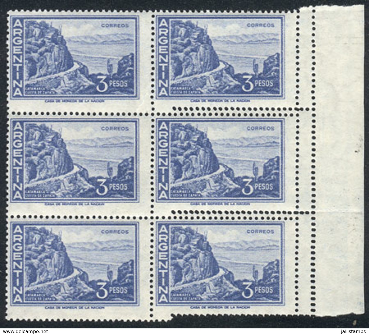 ARGENTINA: GJ.1137, 3P. Cuesta De Zapata, Block Of 6, Right Stamps With DOUBLE PERFORATION Variety, Creating 3 Small Lab - Sonstige & Ohne Zuordnung