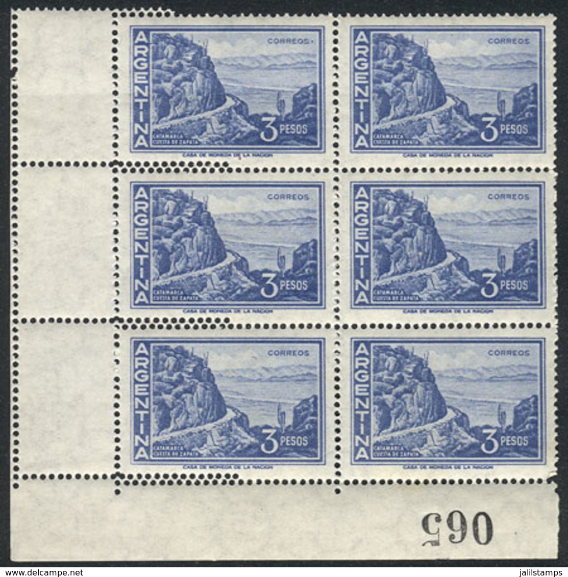 ARGENTINA: GJ.1137, 3P. Cuesta De Zapata, Block Of 6, Left Stamps With DOUBLE PERFORATION Variety, Creating 3 Small Labe - Sonstige & Ohne Zuordnung