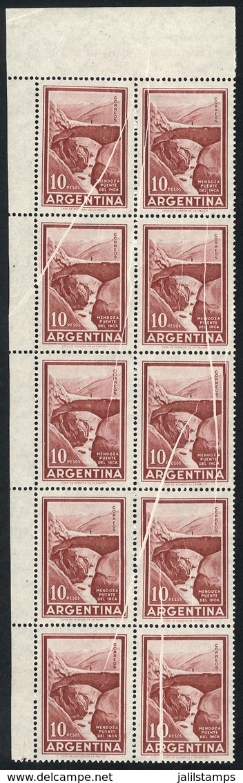 ARGENTINA: GJ.1142, 1959/64 10P. Incan Bridge, National Unsurfaced Paper, Corner Block Of 10 With VARIETY: Many Paper Fo - Other & Unclassified