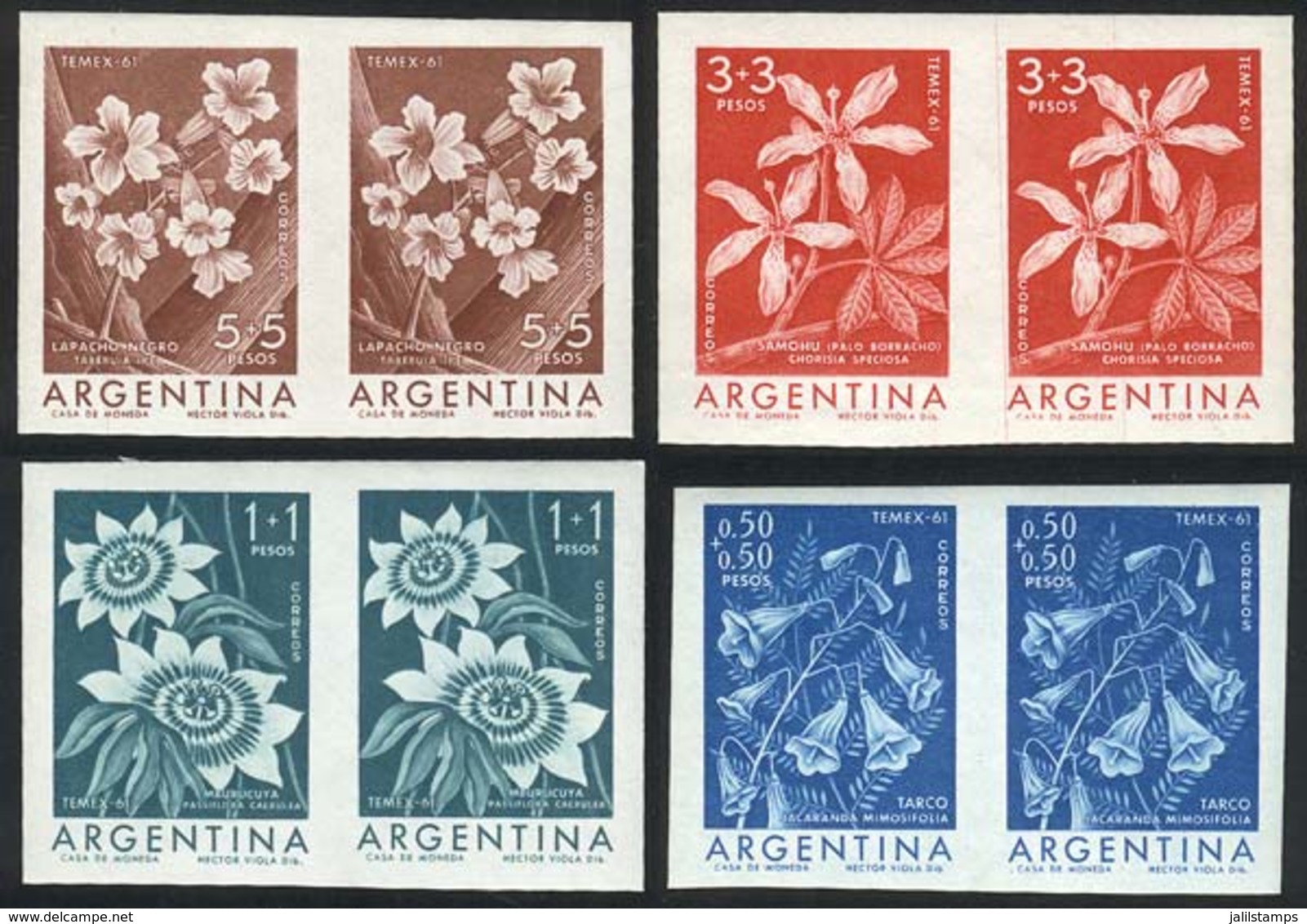 ARGENTINA: GJ.1200P/1203P, 1960 Flowers, Cptl. Set Of 4 Values In IMPERFORATE PAIRS, Colors Are Slightly Different From  - Other & Unclassified