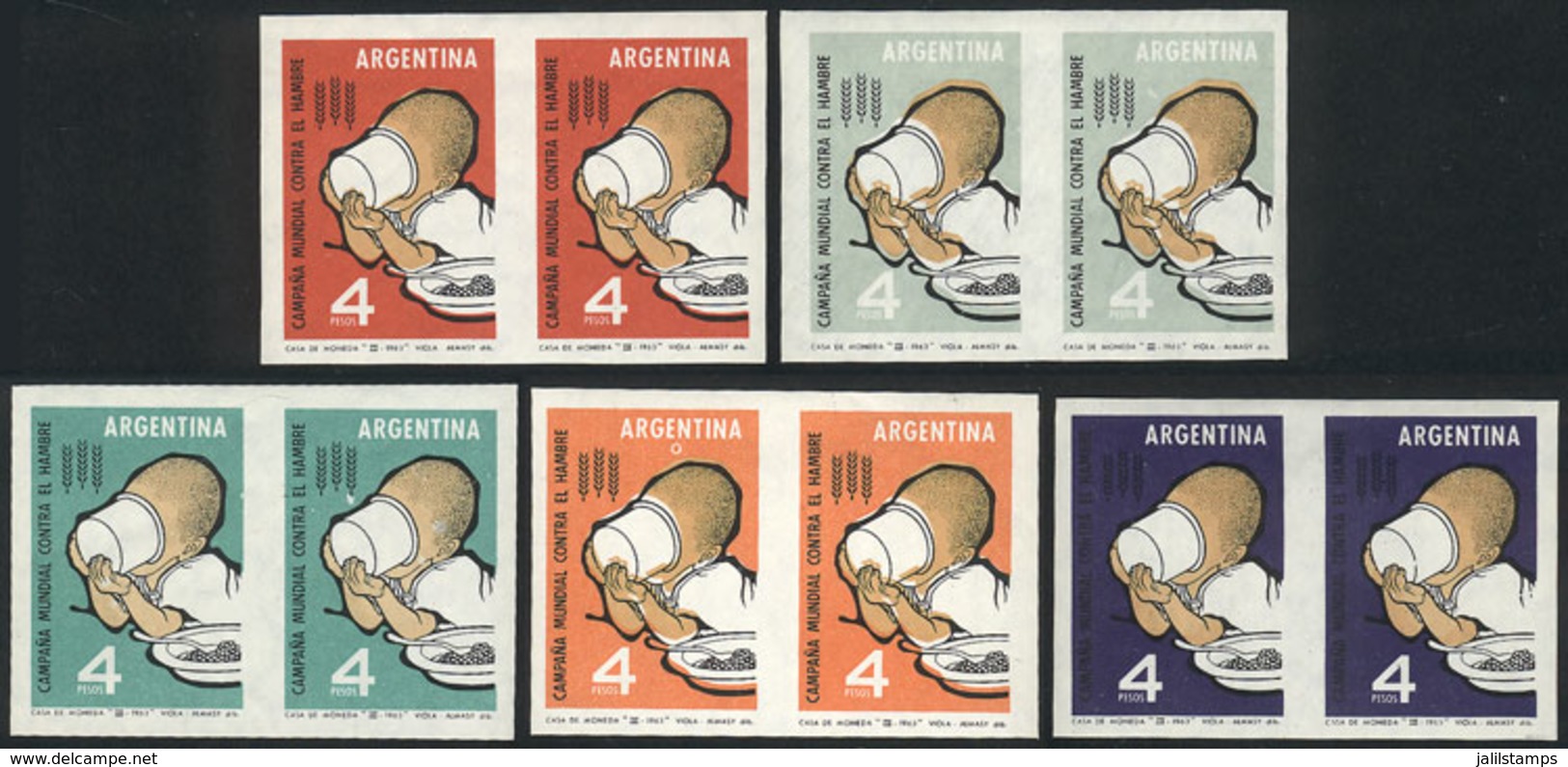 ARGENTINA: GJ.1250P, 1963 Fight Against Hunger, 5 IMPERFORATE PAIRS, Original Color And 4 Trial Color Proofs, Very Light - Sonstige & Ohne Zuordnung