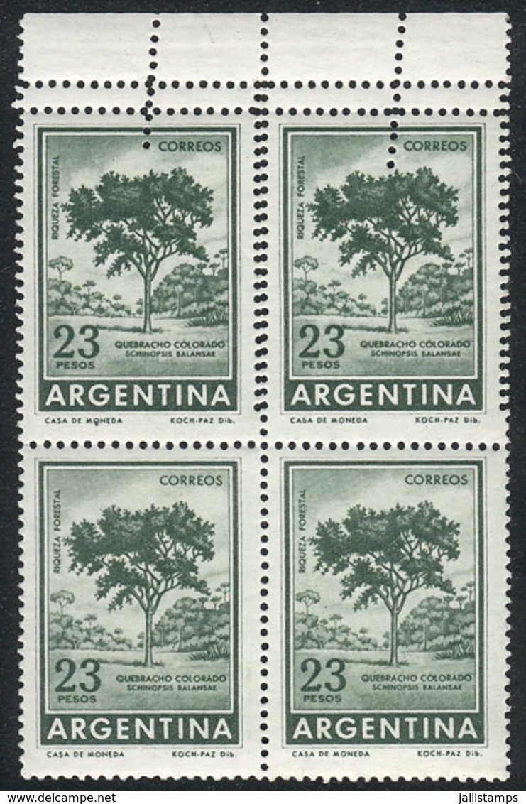 ARGENTINA: GJ.1311B, 23P. Quebracho Tree, Block Of 4 Printed On CHALKY Paper, Wity Variety: Top Stamps With DOUBLE PERFO - Other & Unclassified