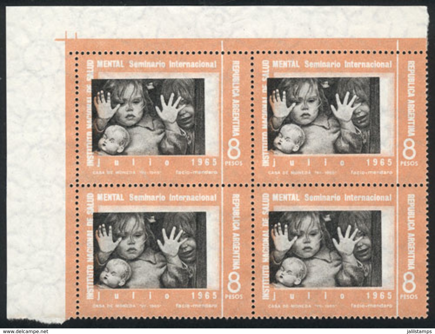 ARGENTINA: GJ.1332, 1965 Mental Health (children And Doll), Block Of 4 With Variety: BLACK COLOR (center) SHIFTED To The - Sonstige & Ohne Zuordnung