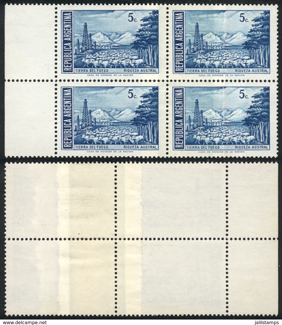 ARGENTINA: GJ.1523A, 5c. Southern Riches, Printed On PHOSPHORESCENT PAPER, Block Of 4 With End-of-roll JOINT PAPER Varie - Other & Unclassified