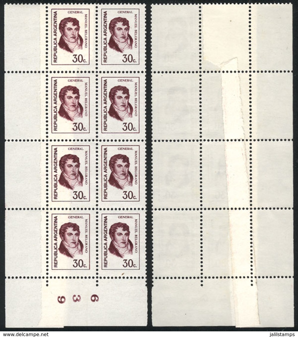 ARGENTINA: GJ.1626, 30c. Belgrano, Block Of 8 With End-of-roll JOINED PAPER Var., Excellent! - Autres & Non Classés