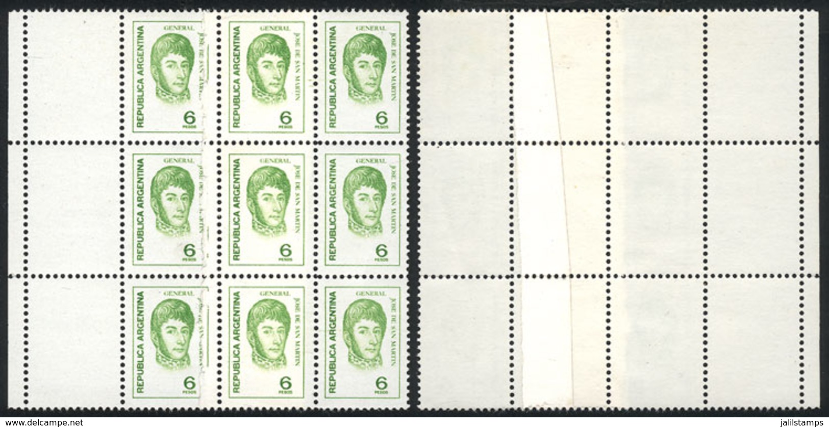 ARGENTINA: GJ.1637, 6P. San Martín, Block Of 9 With Labels, End-of-roll JOINED PAPER Variety, Excellent Quality! - Other & Unclassified