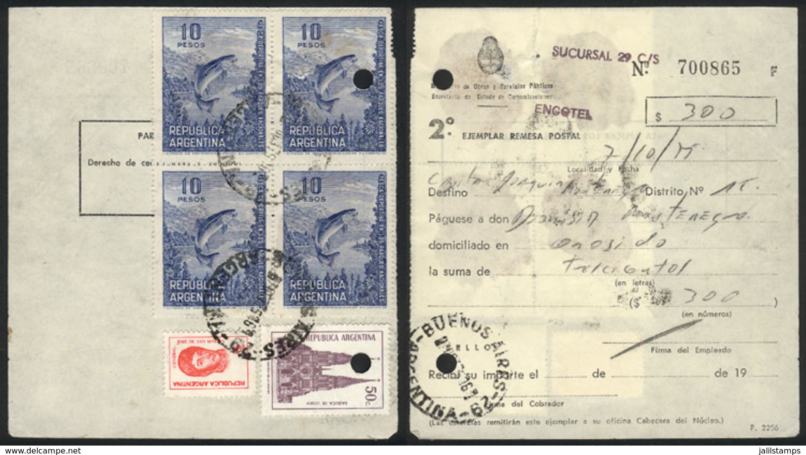 ARGENTINA: GJ.1639SG, 10P. Fishing PRINTED ON GUM, Block Of 4 Used To Frank A PO Box Payment Card In 1975. One Stamp Wit - Autres & Non Classés