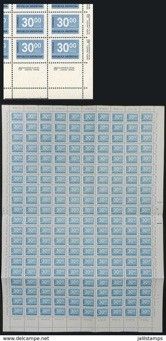 ARGENTINA: GJ.1729 + 1729CJ, 30P. Figures, Complete Sheet Of 200 Stamps + 10 Labels Below, MNH, Very Fine Quality, Rare! - Autres & Non Classés