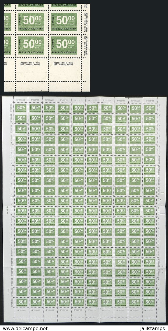 ARGENTINA: GJ.1732 + 1732CJ, 50P. Figures, Complete Sheet Of 200 Stamps + 10 Labels Below, MNH, Very Fine Quality, Rare! - Sonstige & Ohne Zuordnung