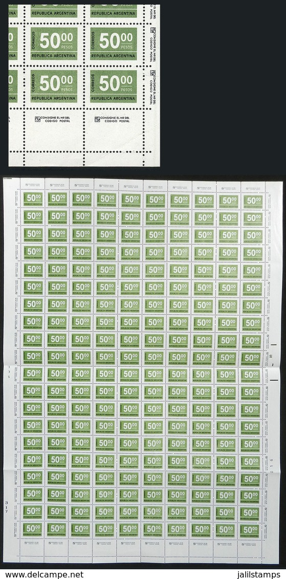 ARGENTINA: GJ.1732A + 1732ACJ, 50P. Figures, On CHALKY Paper, Complete Sheet Of 200 Stamps + 10 Labels Below, MNH, Very  - Other & Unclassified