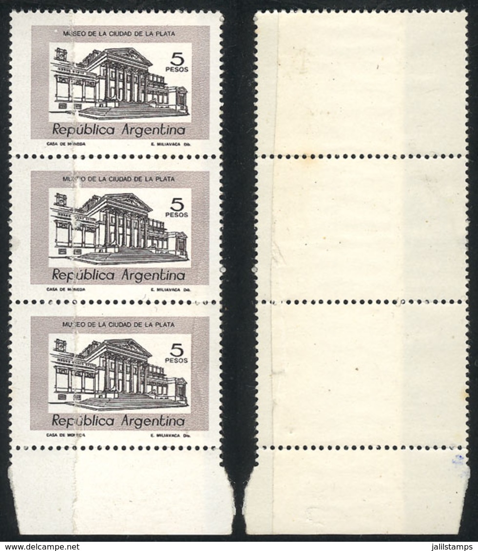 ARGENTINA: GJ.1779, 5P. Museum Of La Plata, Strip Of 3 With End-of-roll JOINED PAPER Var., Excellent! - Autres & Non Classés