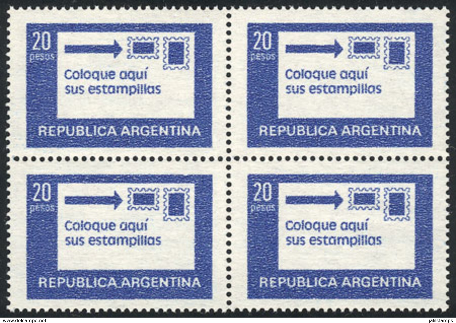 ARGENTINA: GJ.1782N, 20P. Place Stamps Here, Block Of 4 Printed On UV NEUTRAL UNSURFACED PAPER, MNH, VF Quality - Autres & Non Classés