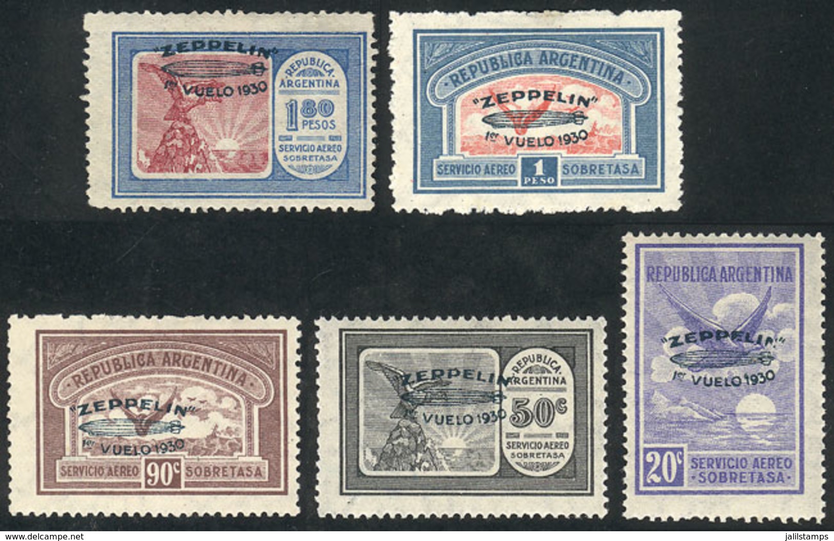 ARGENTINA: GJ.665/669, 1930 Zeppelin With GREEN Overprint, Cmpl. Set Of 5 Values, VF Quality! - Poste Aérienne