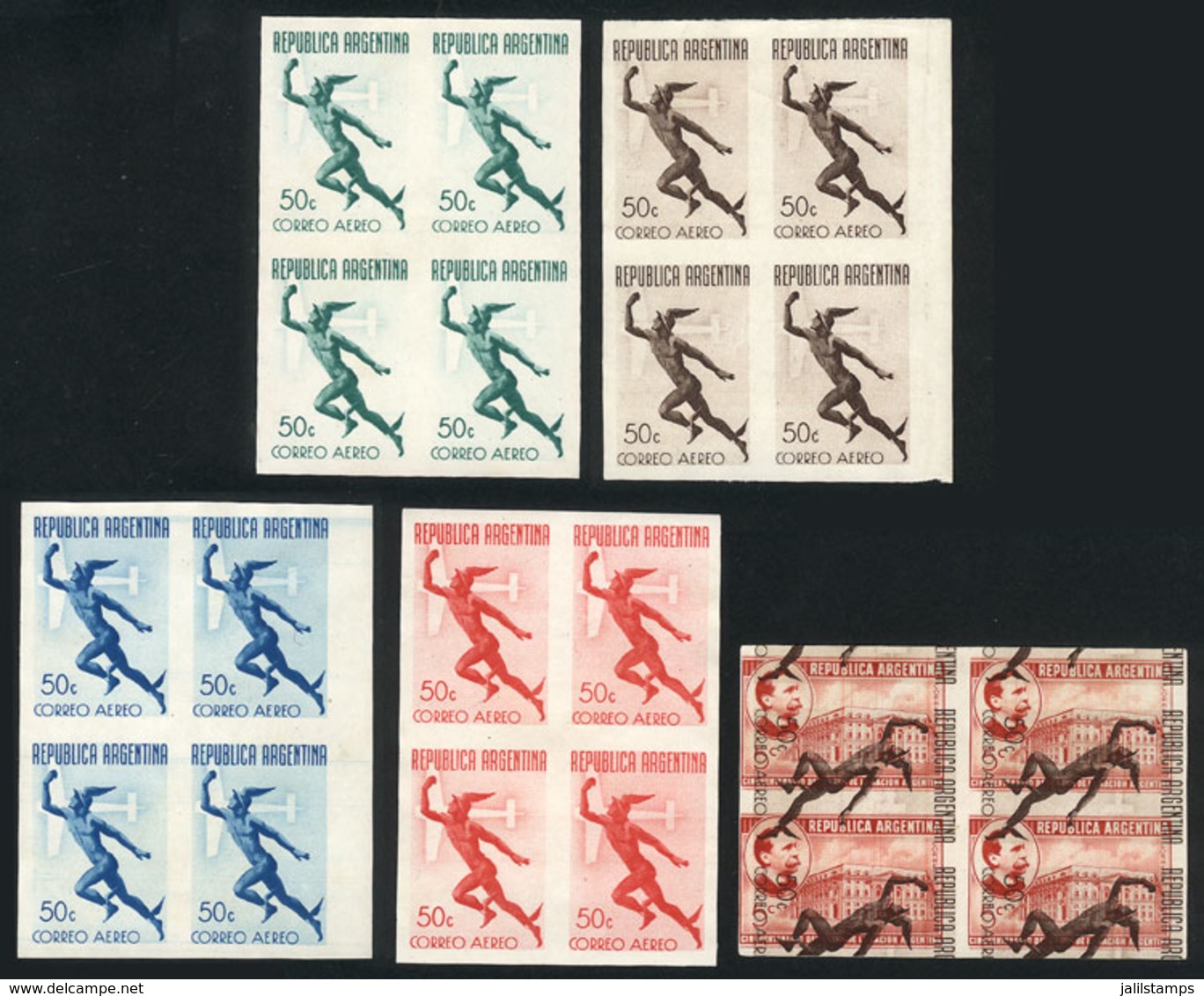 ARGENTINA: GJ.846, 1940 50c. Mercury, Trial Color PROOFS, 5 Different Imperforate Blocks Of 4, One With Overlapping Impr - Luftpost
