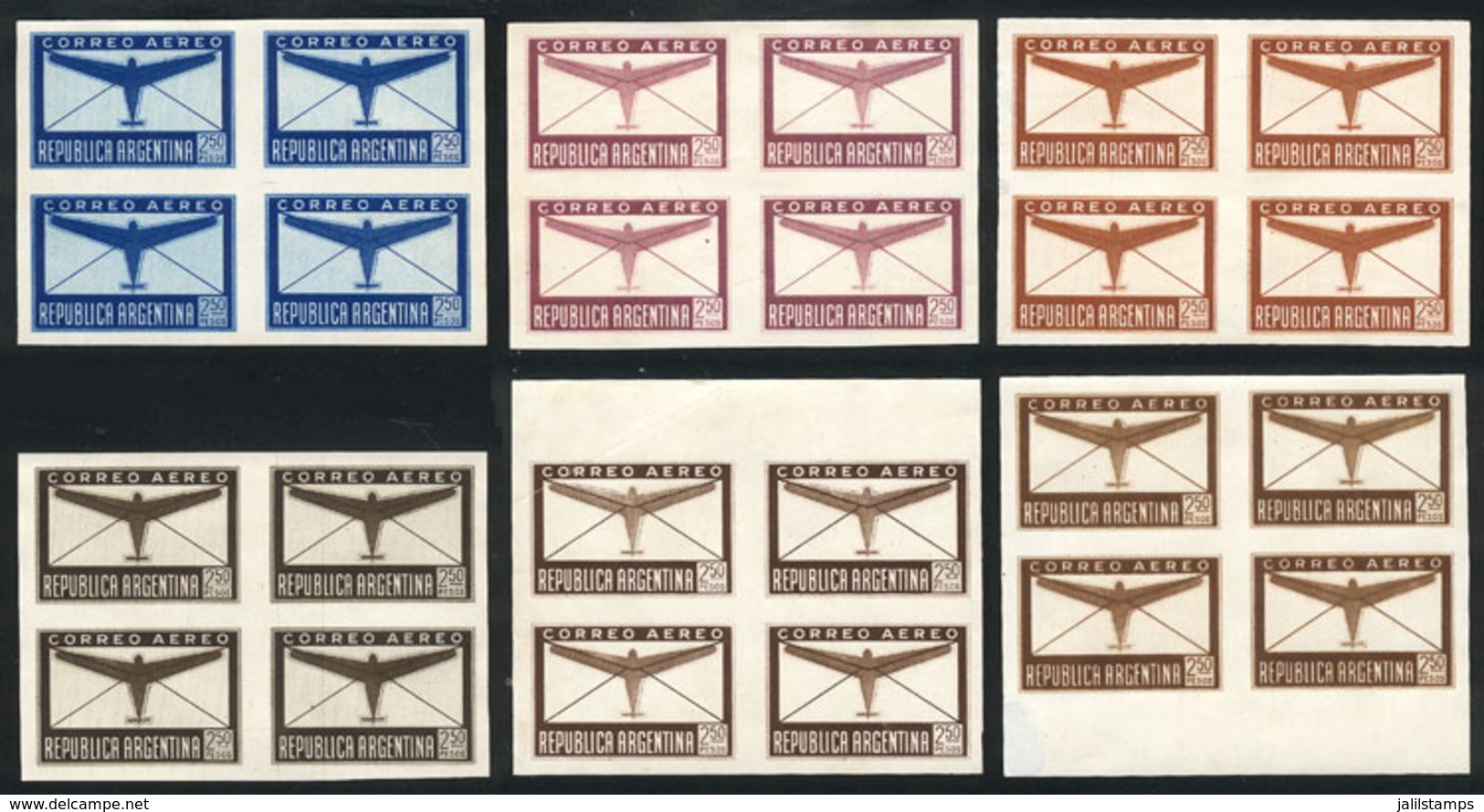 ARGENTINA: GJ.849, 1940 2.50P. Stylized Airplane, 6 Different TRIAL COLOR PROOFS, Imperforate Blocks Of 4 Printed On Gla - Poste Aérienne