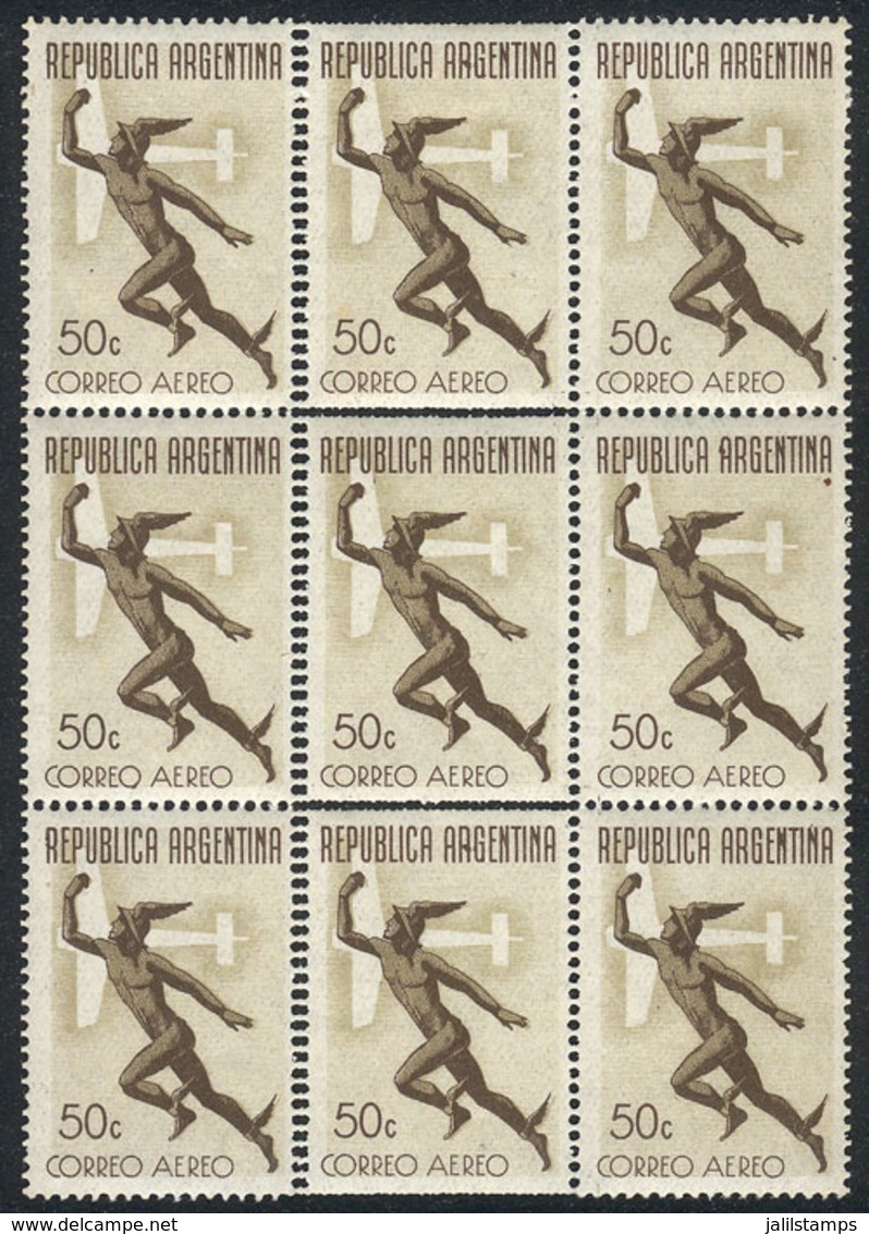 ARGENTINA: GJ.864, 1942 50c. Mercury And Stylized Airplane, Unwatermarked, Block Of 9 With Variety: Central Stamps With  - Airmail