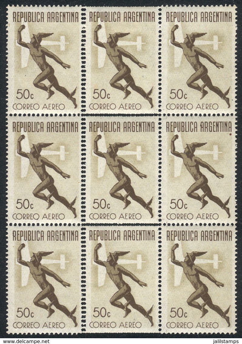 ARGENTINA: GJ.864, 1942 50c. Mercury And Stylized Airplane, Unwatermarked, Block Of 9 With Variety: Central Stamps With  - Luchtpost