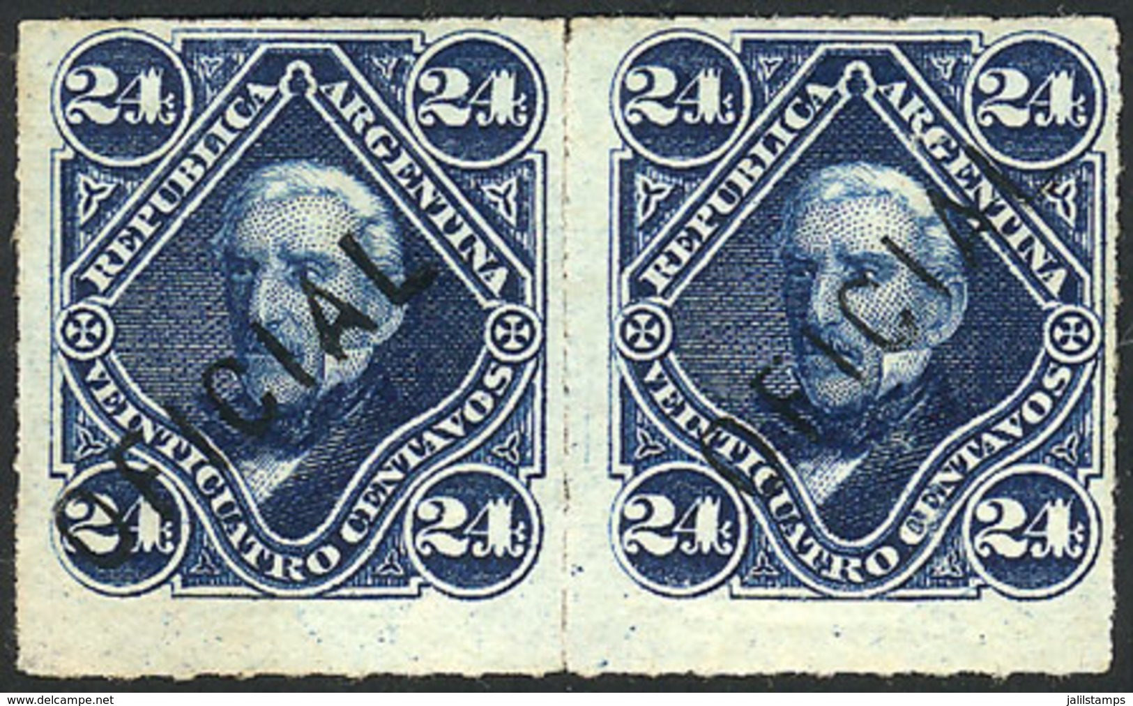 ARGENTINA: GJ.8, 24c. San Martín With Diagonal Overprint Applied By Hand, Pair Mint No Gum, Excellent And Very Rare, Sig - Service