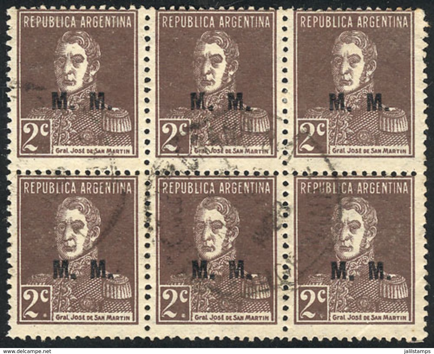 ARGENTINA: GJ.492a, Used Block Of 6 Consisting Of 3 Vertical Pairs WITH AND WITHOUT PERIOD, VF Quality, Very Rare! - Service