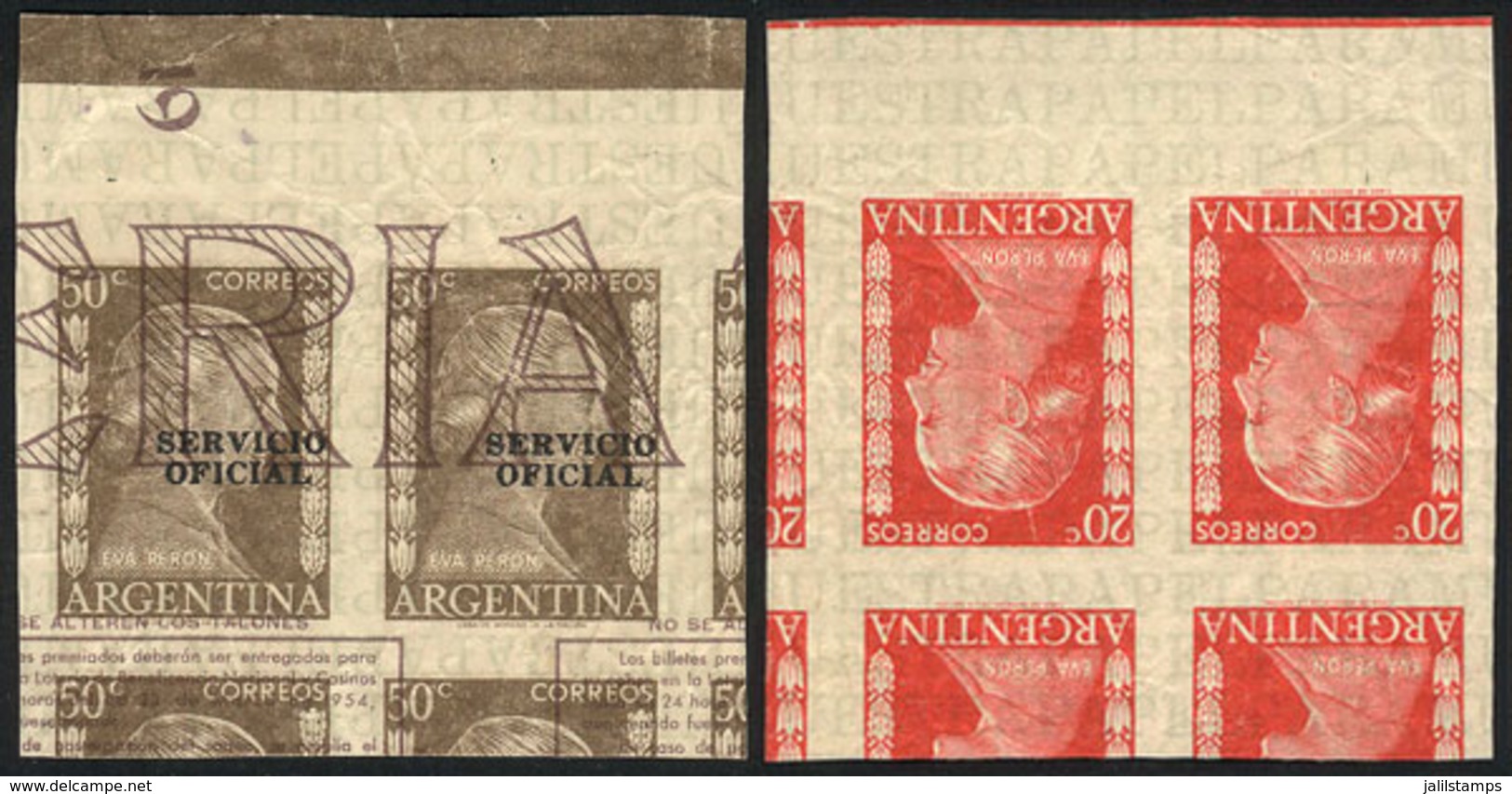 ARGENTINA: GJ.694, 50c. Eva  Perón, Trial Color PROOF On Paper, With An Overlaping Impression Of Another Proof Of A Lott - Officials