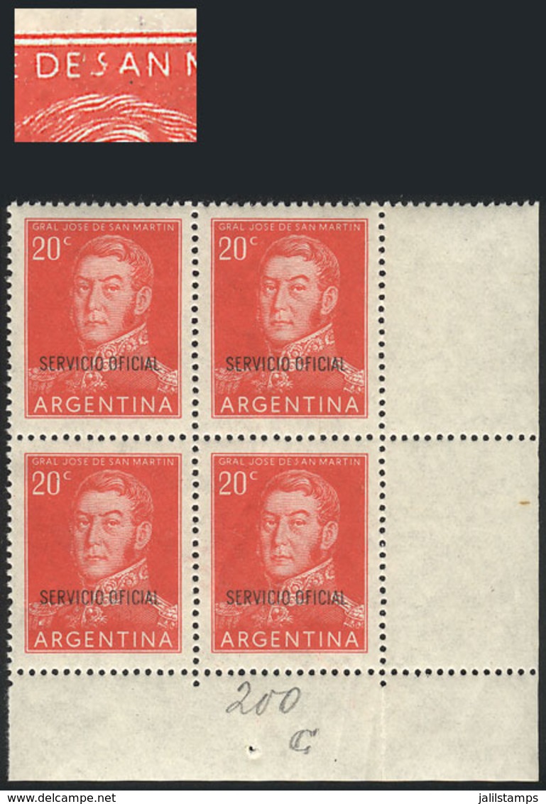 ARGENTINA: GJ.705, 20c. San Martín, Corner Block Of 4, One With Variety: S Of SAN MARTIN Deformed" (position 200), Excel - Dienstmarken