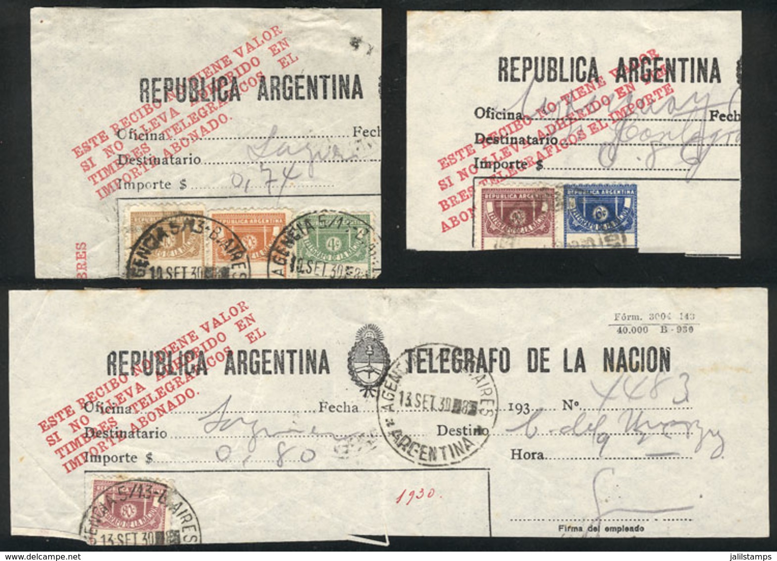 ARGENTINA: 3 Fragments Of Telegram Receipts Of The Year 1930, With Affixed Stamps (the Part Corresponding To The Client) - Télégraphes
