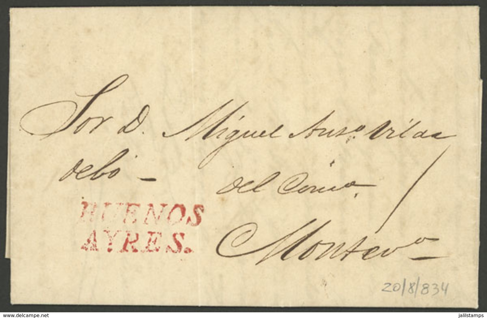 ARGENTINA: BUENOS AIRES - Montevideo: Long Entire Letter Dated 20/AU/1834, With The Mark "BUENOS AYRES." (GJ.BUE 6) In O - Préphilatélie
