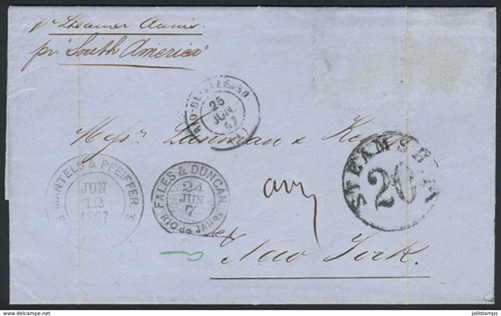 ARGENTINA: Entire Letter Dated Buenos Aires 12/JUN/1867 And Sent To New York Via RIO DE JANEIRO, Routed By "FALES & DUNC - Sonstige & Ohne Zuordnung