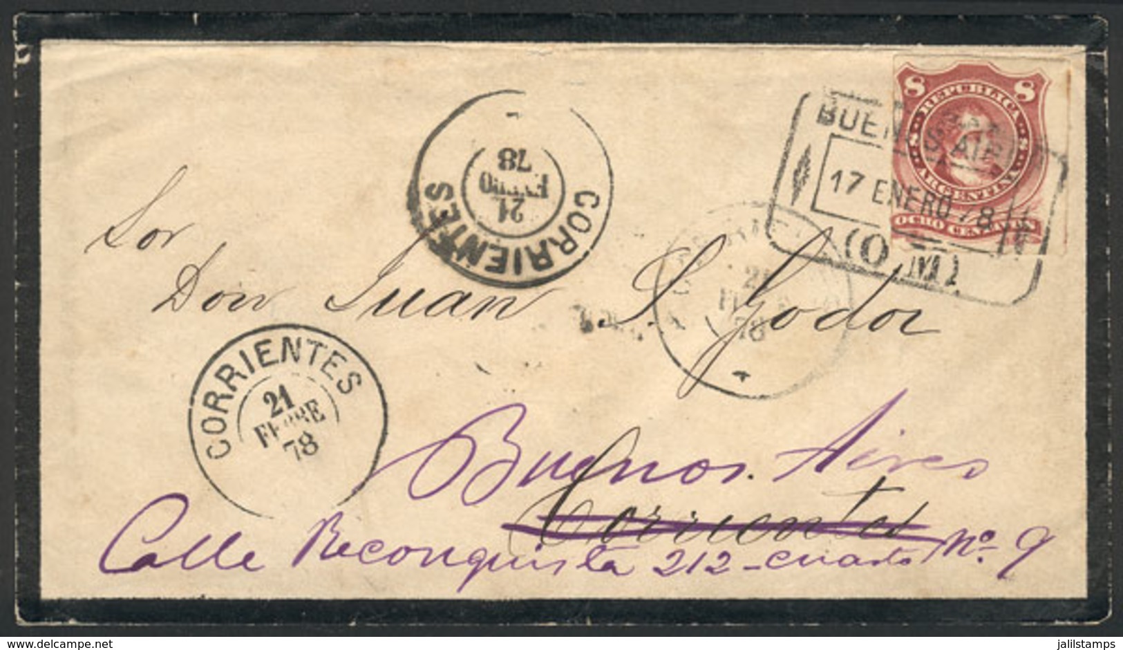 ARGENTINA: Mourning Cover Sent From Buenos Aires To Corrientes On 17/JA/1878 And From There Forwarded To Buenos Aires, F - Sonstige & Ohne Zuordnung