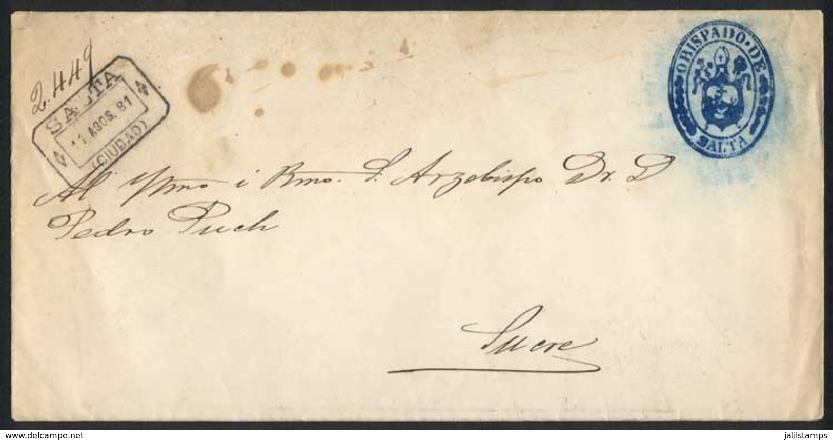 ARGENTINA: Cover Of The Bishopric Of Salta, Sent Stampless (free Franking) To Sucre, With Rectangular Datestamp "SALTA - - Otros & Sin Clasificación