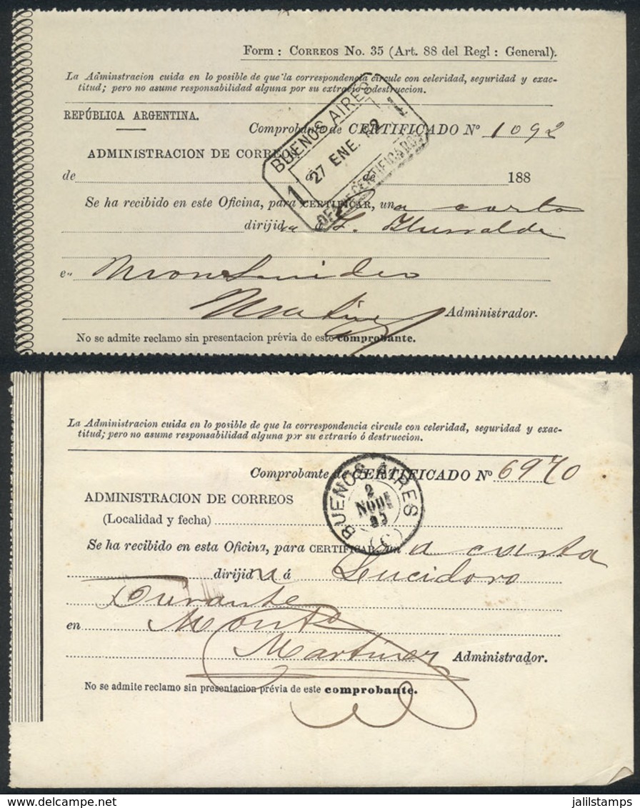 ARGENTINA: 2 Receipts Of Registered Letters Dispatched In Buenos Aires In 1882 And 1885, VF Quality! - Sonstige & Ohne Zuordnung