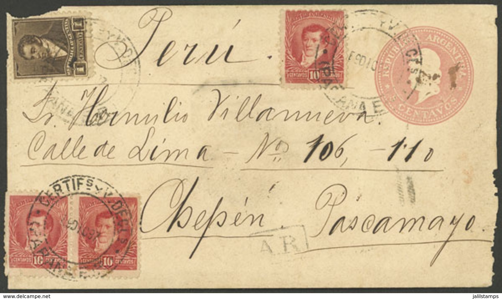 ARGENTINA: RARE DESTINATION: 5c. Liberty Head Stationery Envelope With Additional Postage (total 36c.), Sent By Register - Autres & Non Classés