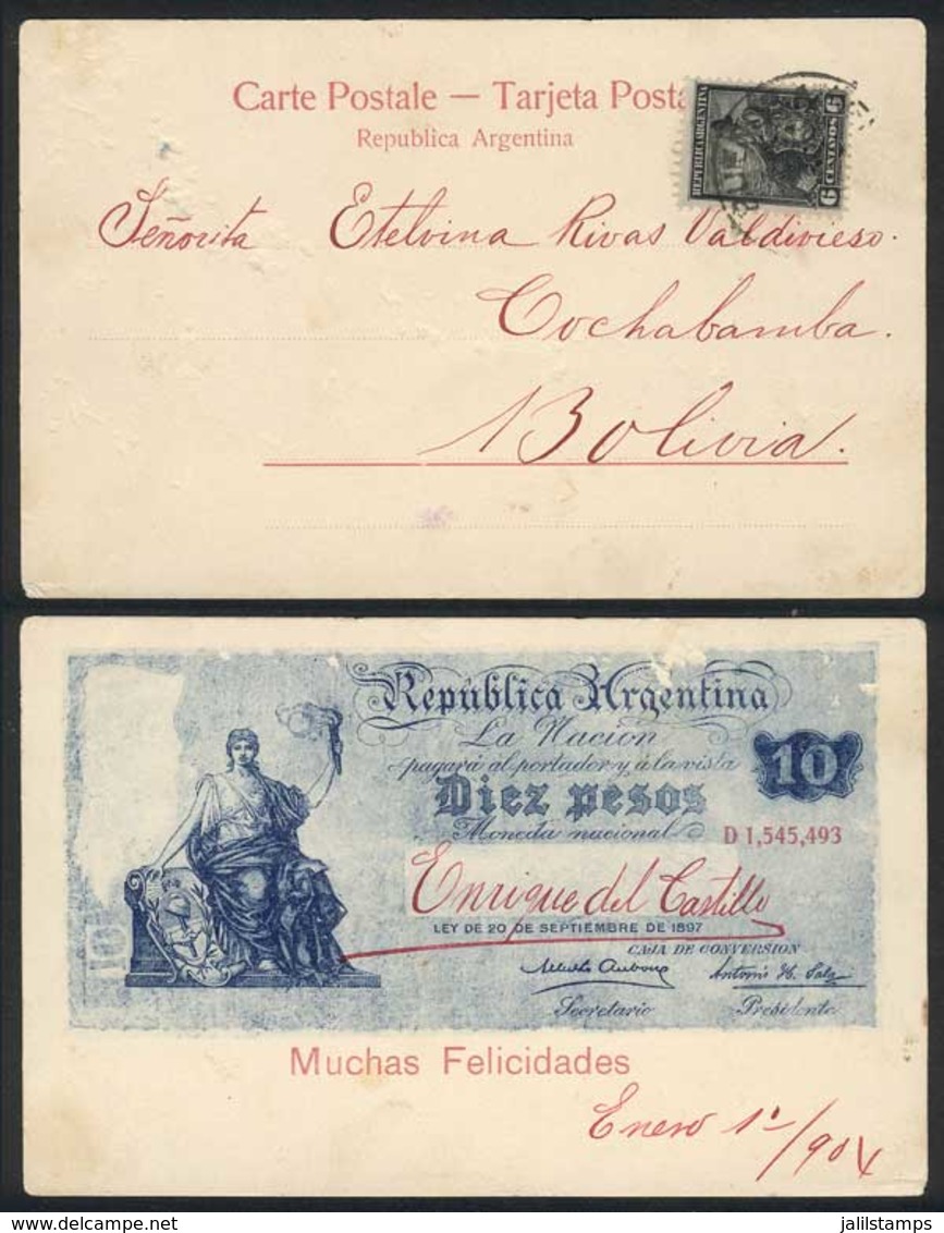 ARGENTINA: Rare Postcard Showing View Of A 10P. Caja De Conversión Banknote, Franked By GJ.223 And Sent From Buenos Aire - Autres & Non Classés