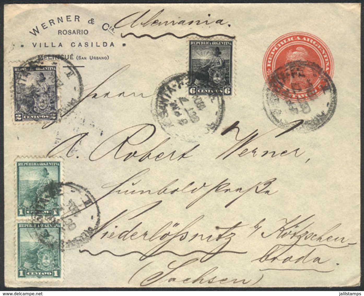 ARGENTINA: 7/OC/1904 CASILDA (Santa Fe) - Germany: 5c. Stationery Envelope + GJ.218 Pair + 219 + 223 (total 15c.), Arriv - Autres & Non Classés