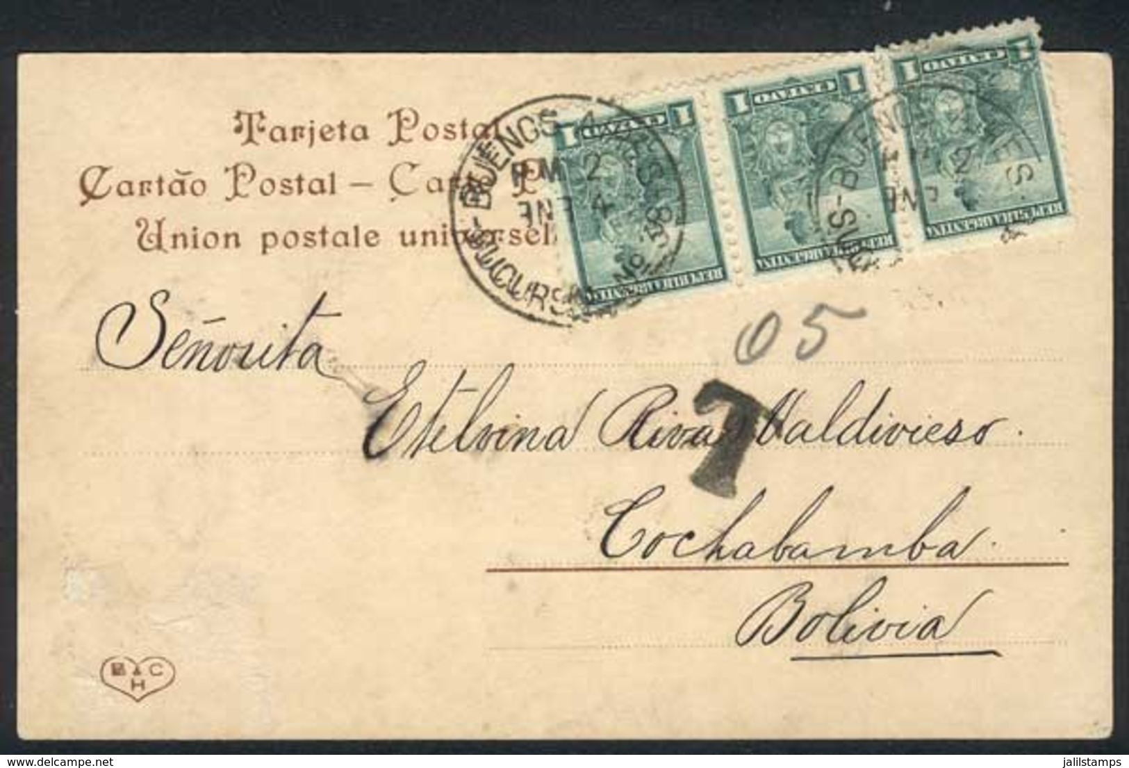 ARGENTINA: Postcard Franked By GJ.218 Strip X3, Sent From Buenos Aires To Cochabamba (Bolivia) On 4/JA/1905, With ERROR  - Sonstige & Ohne Zuordnung