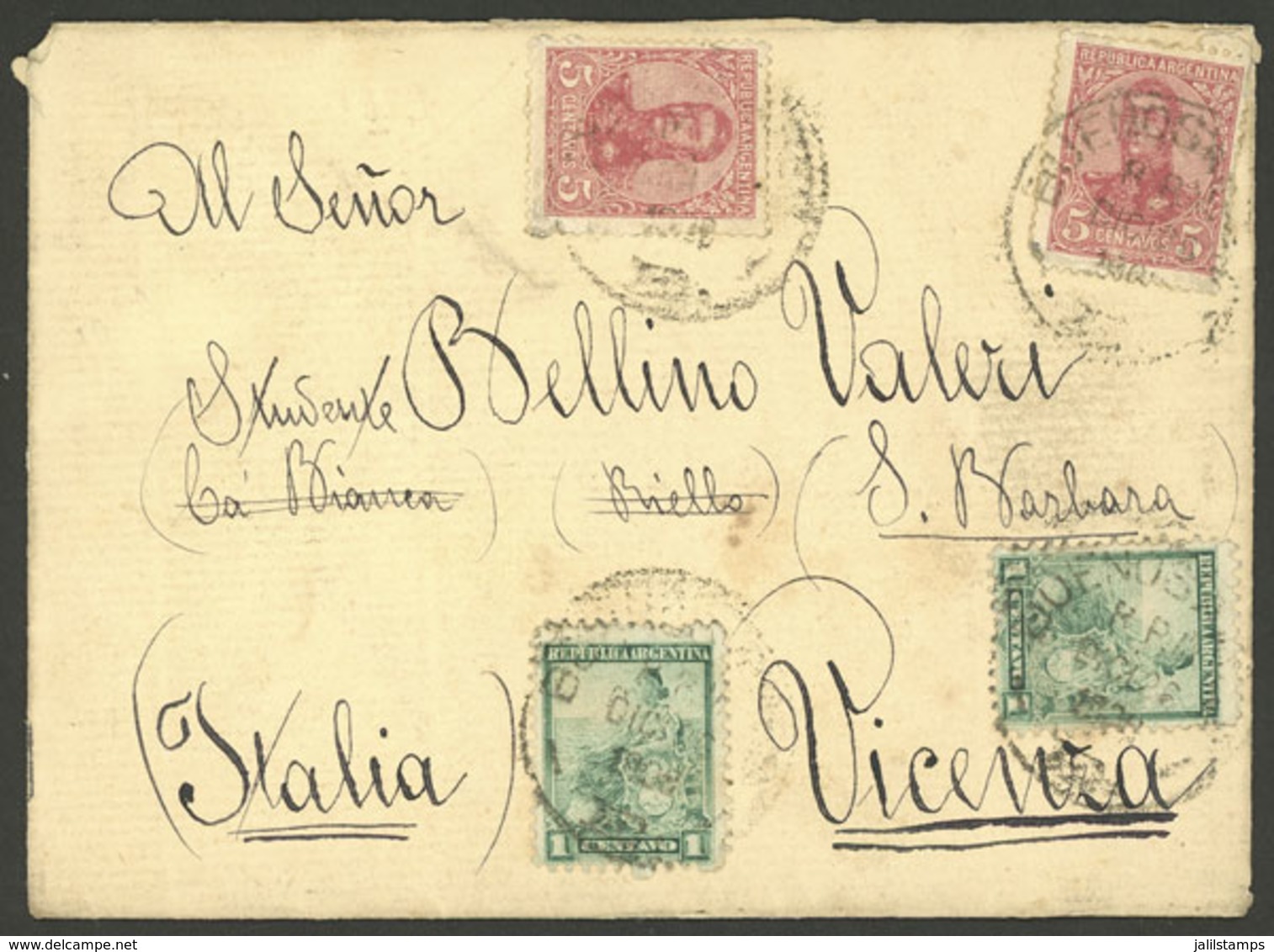 ARGENTINA: COMBINATION OF ISSUES: Cover Sent To Italy On 26/DE/1908 Franked With 12c. Combining 2x 1c. Seated Liberty Wi - Other & Unclassified