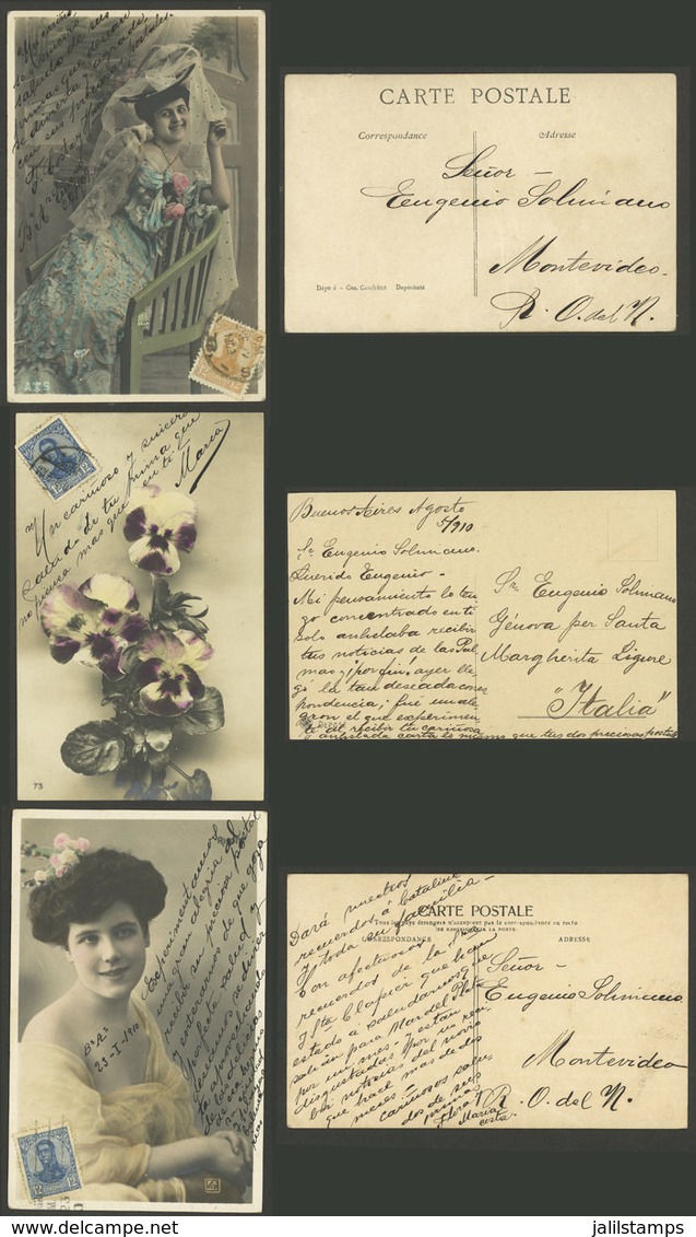 ARGENTINA: 3 Postcards Sent To Montevideo And Italy In 1909 And 1910 (2), The Former Franked With San Martín In Oval 12c - Sonstige & Ohne Zuordnung