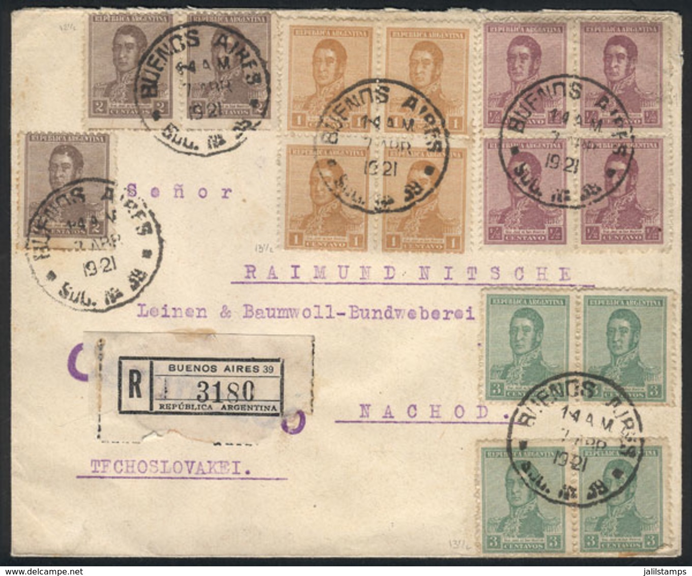 ARGENTINA: 7/AP/1921 Buenos Aires - Czechoslovakia, Registered Cover With Very Nice Postage Of 24c., Very Colorful, VF Q - Sonstige & Ohne Zuordnung