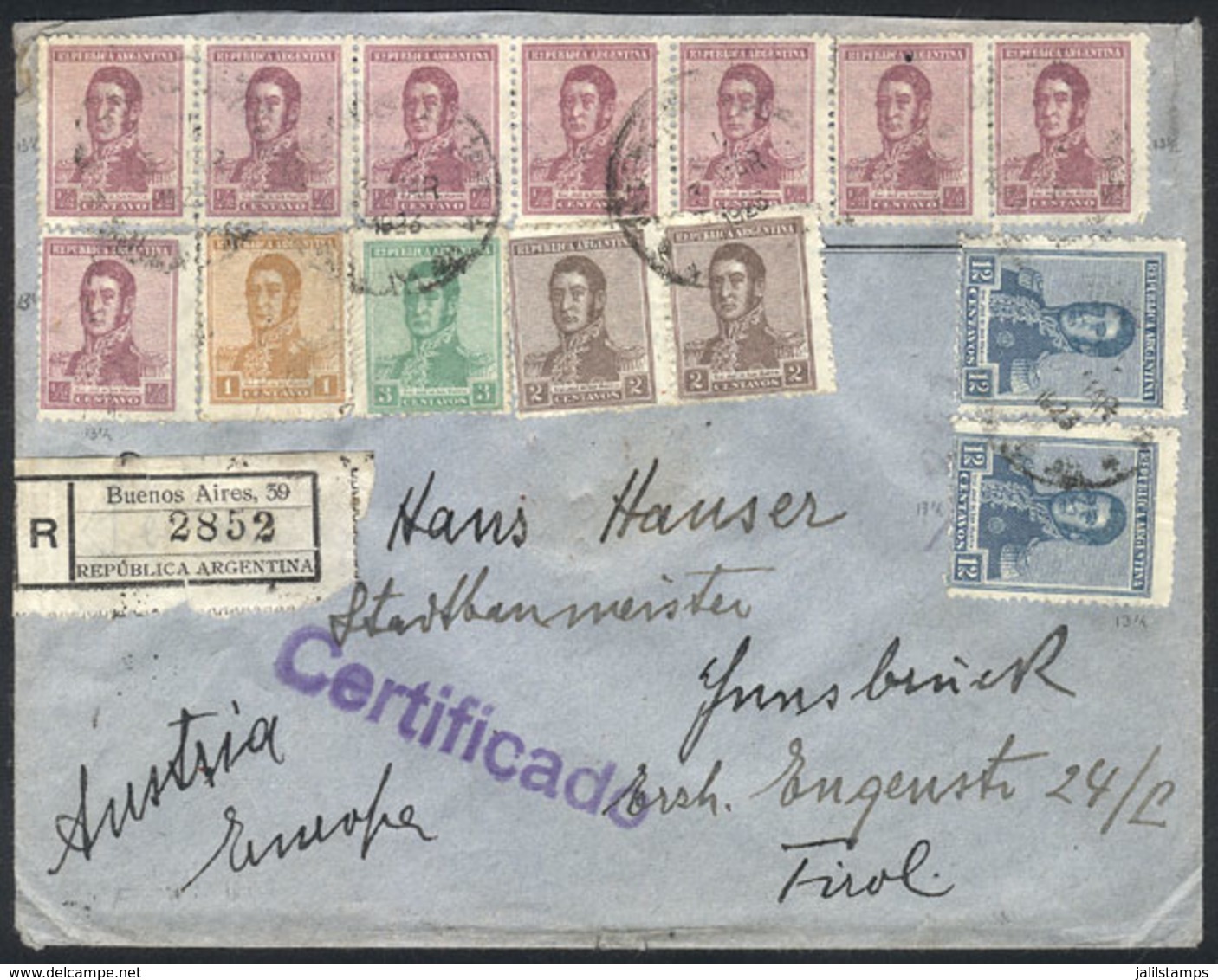 ARGENTINA: Registered Cover Sent From Buenos Aires To Austria On 3/MAR/1923 With Spectacular Postage Of 36c. Consisting  - Autres & Non Classés