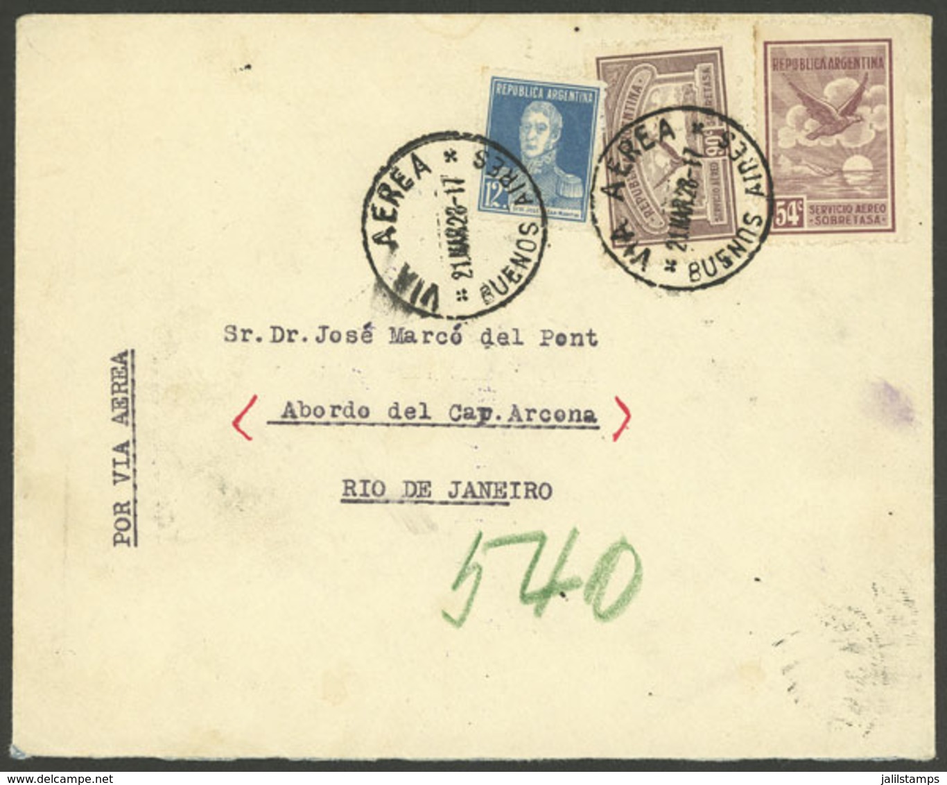 ARGENTINA: Flight To Reach Steamer Cap Arcona In Rio De Janeiro, Cover Sent On 21/MAR/1928 To Be Delivered To A Passenge - Autres & Non Classés